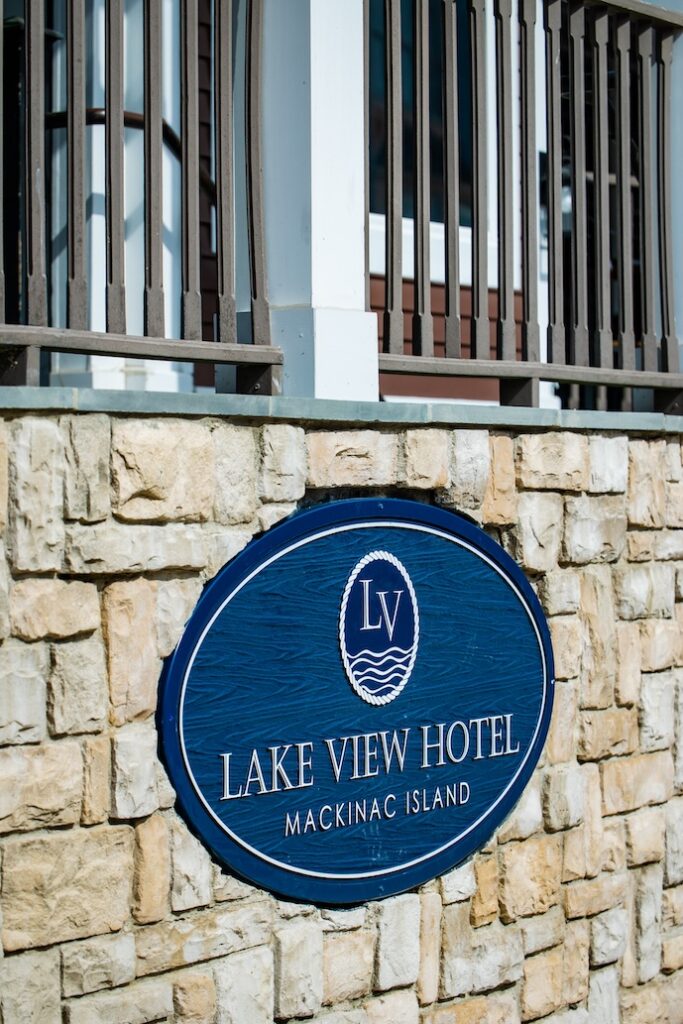Lake View Hotel sign on stone wall on Mackinac Island.